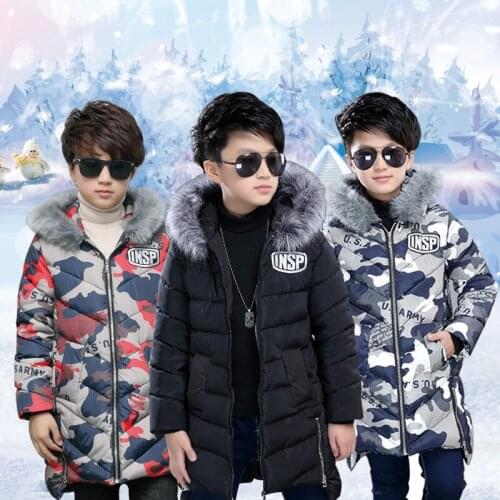 Boys winter plus velvet thick mid-length camouflage cotton jacket boy letter embroidery big fur collar hooded warm jacket