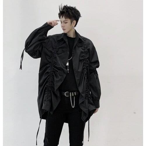 2020 Spring drawstring pleated design black white men shirt punk hip hop oversize blouse women harajuku vintage gothic shirts