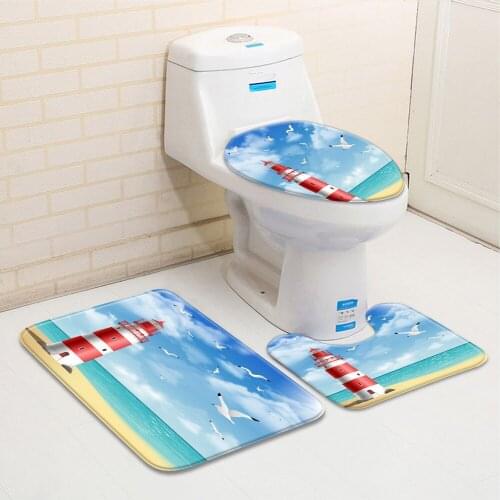 3pcs/Set Lighthouse Scenery Bathroom Mat Set Blue Sky Dream Lotus Flower Bird Bathroom Decor Rug Bathtub Toilet Non-Slip Carpet