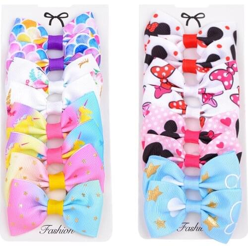 8PCS/lot 2021 New Grosgrain Ribbon Hair Bows Clips Print Mini Bows For Children Girls Headwear Kids Hair Accessories Best Gifts