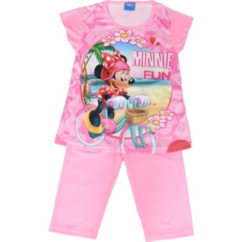 Disney Girl Sets Minnie Mouse 2021 Summer New Kids Outfits Childrens Clothing Short Sleeve+Trousers Pajamas Suit Fashion 3-8Y