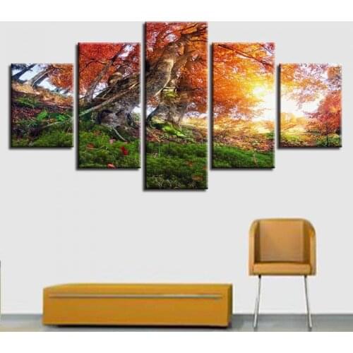 5 Pieces Autumn Forest Trees Painting Scenery Poster Canvas HD Prints Pictures Wall Art Modular Living Room Home Decor
