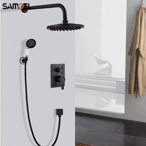 Classic Wall-Mounted Brass Antique Black Concealed Shower Faucet Set Copper Embedded Water Mixer Tap with 8'' Showerhead SF1073