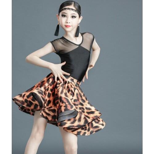 Childrens Latin Dance Stage Performance Clothing Girl Modern Dance Rumba Salsa Exercise Costume Black Top+Leopard Grain Skirt