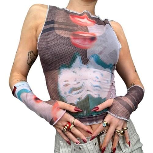 Women Crop Tops Summer Mesh Shirt Female Camisole Girls Floral Print Round Neck Sleeveless Crop Tops Short Vest Beach Camis