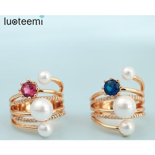 LUOTEEMI Fashion Vintage 3pcs Imitation White Pearls Women Wedding Engagement Band Ring Champagne Gold-Color Jewelry