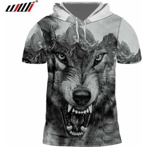 UJWI Men Casual Tshirt With Hood Print Crazy Wolf 3D Cap T-shirt Man Hiphop Sportwear Short Sleeve Hoody Pullovers Harajuku