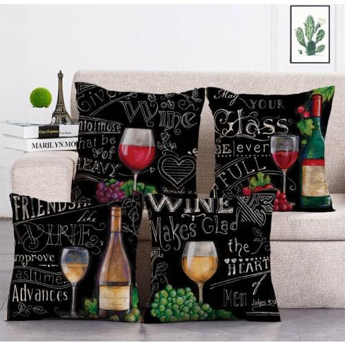 Red wine bottle Decorative Cushion Cover Cotton Linen Square Throw Pillow Cover 45x45CM Pillow Case Home Office Sofa Decor T149