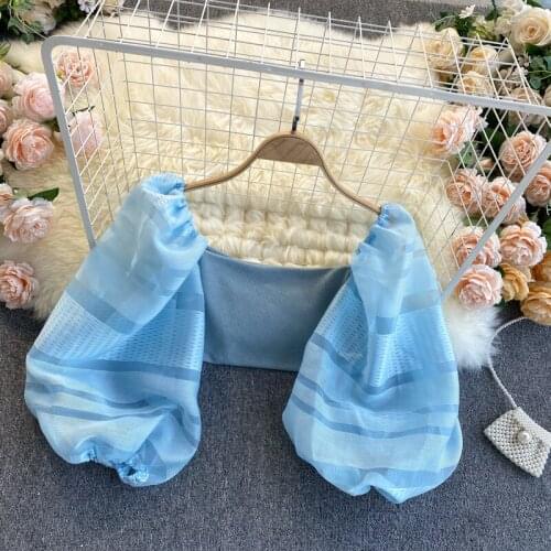 Solid Blue summer crop top women Strapless backless Sexy beach tops for women Puff Sleeves Slim tank top woman