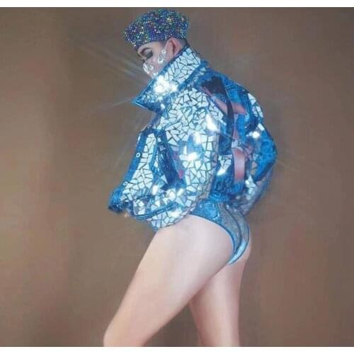 Sexy Women DJ Jazz Dance Costume Blue Imitation Denim Coat Sequins Bodysuit Colorful Cap 3 Piece Set Nightclub Dancer Stage Wear