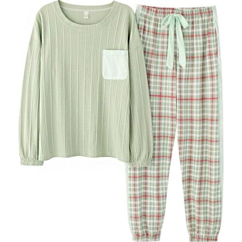 Simple Fashion Woman Cotton Pajamas Spring Long-sleeved Pajama Set Round Neck Print Sleepwear Women Sexy Nightwear 2Piece Pijama
