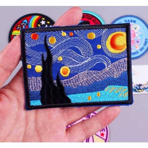 Pulaqi Starry Night Patch Iron On Patches For Clothing DIY Embroidered For Clothes Van Gogh Patch Badge For Clothing Decoration