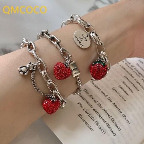 QMCOCO 925 Silver Thick Chain Bracelets For Women And Girl Trendy Elegant Charme Sparkling Strawberry Zircon Party Jewelry Gifts