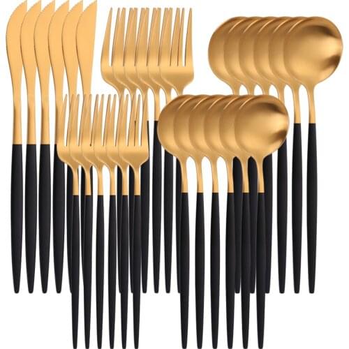 Flatware 30 Pieces Cutlery Set Fork Spoons Knives Set Stainless Steel Tableware Zero Waste Black Gold Flatware Matte Dinnerware