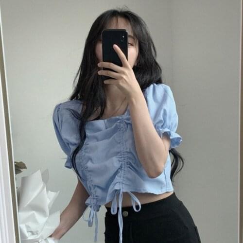 Summer Casual Blouse Women Korean Shirring Design Fit French Chic Korean Top Puff Sleeve High Street Holiday Womens Blouse 2021