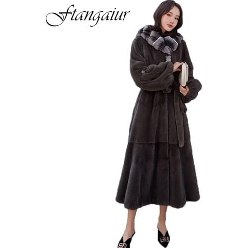 Ftangaiur 2020 Winter Import Velevt Mink Coat Full Sleeve Losse With Sashes Chinchilla Hood Womens Real Natural Color Fur Coats