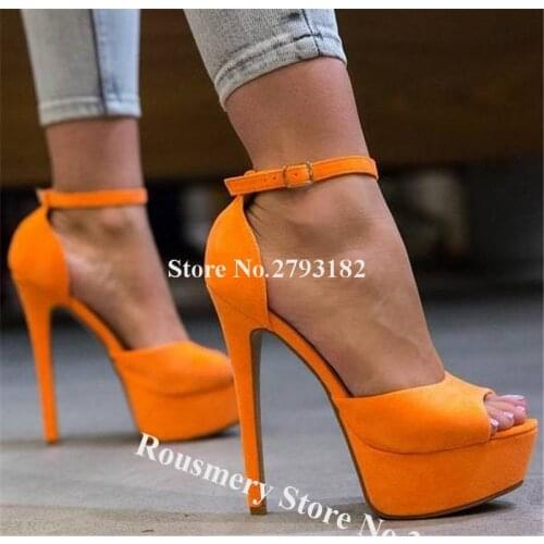 Women Elegant Open Toe Suede Leather High Platform Stiletto Heel Sandals Orange Green Yellow High Heel Sandals CLub Dress Shoes