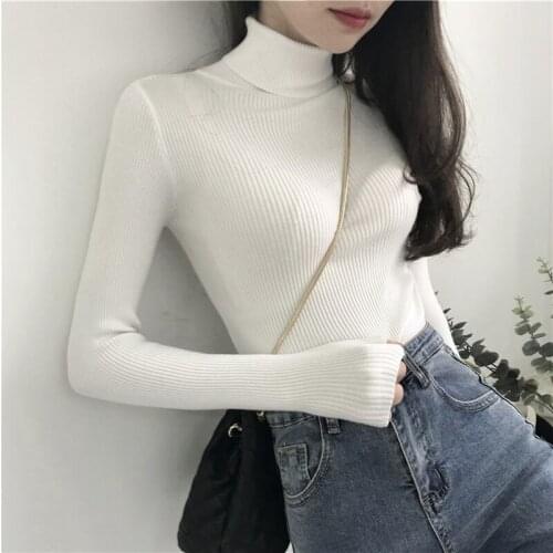 Women Pullovers Knitted Ribbed Sweater Colorful White Turtleneck Sweater Autumn Winter Femme Pull Slim High Elasticity Soft