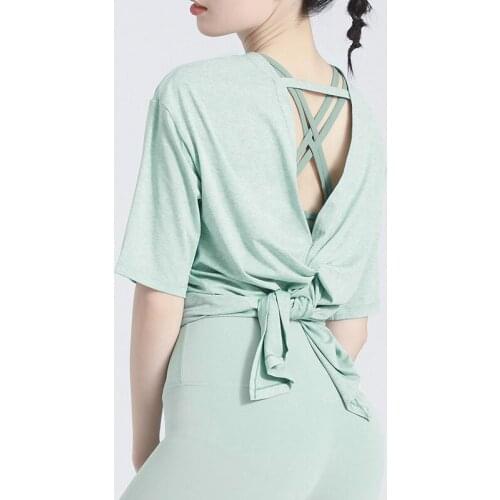 Womens Sexy Open Back Workout Tops Backless Yoga Tops Gym Shirts Tie Back Short Sleeve Tees Quick Dry Athletic Tops Clothes