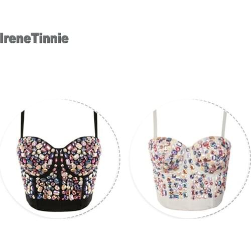 Irene Tinne New Rhinestone Bead Bustier Pearls Diamond Push Up Night Club Bralette Womens Bra Cropped Top Vest Plus Size