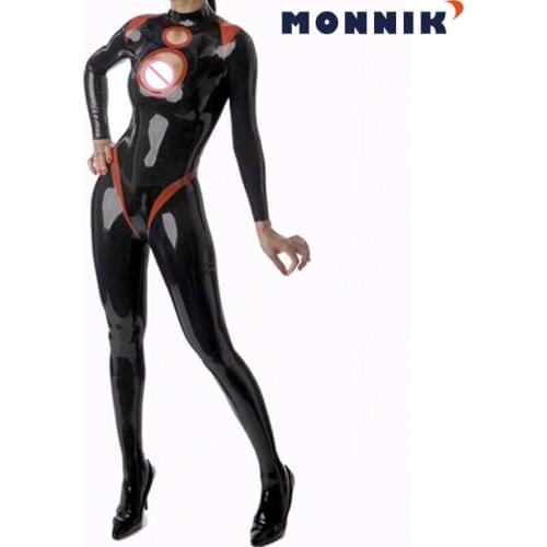 MONNIK latex Sexy Latex Catsuit with Socks Open Breast Women Unique Club Wear Rubber Jumpsuit