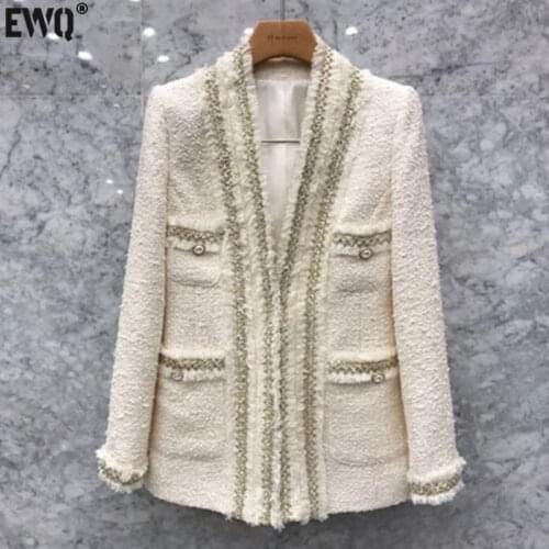 [EWQ] Korea Chic Temperament Navy Blazer Womens Autumn 2021 New V-neck Loose Long Sleeve Tweed Jacket Fashion Female 16E3190