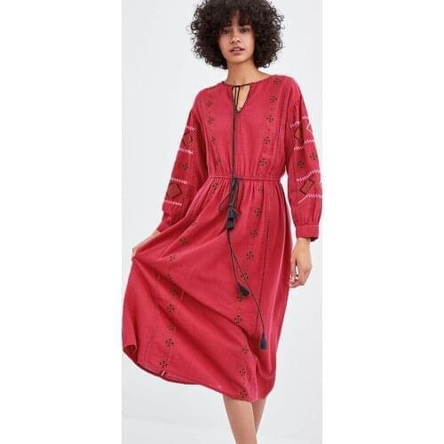 KHALEE YOSE Red Floral Embroidery Midi Dress Spring Autumn Boho Women Dresses Vintage Tassels Ladies Holiday Chic Female Dress