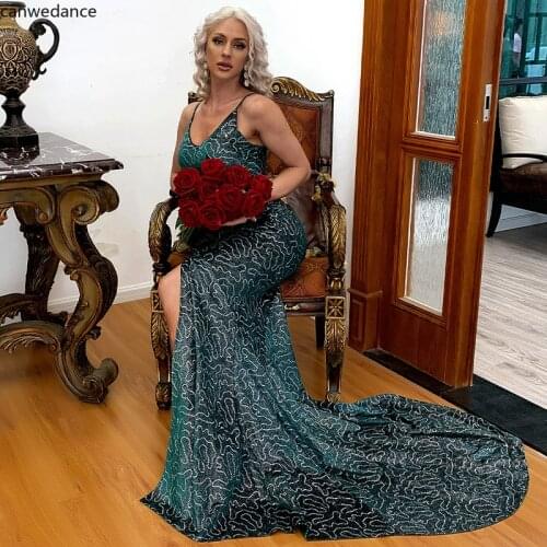 2020 Sexy Deep V Neck Bodycon Sleeveless Slip Dresses Glitter Elegant High Split Long Train Women Party Dresses