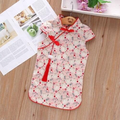 2021 Girls Dress Summer Childrens Wear Buckle Collar Animal Rabbit Print Slim Chinese Style Cheongsam Baby Girl Dresses 0-18M
