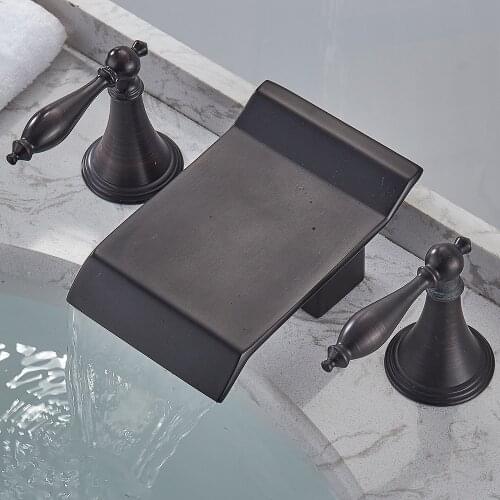 Free shipping new arrivals 3 holes Square basin waterfall faucet brass black oil brushed widespread basin sink faucet