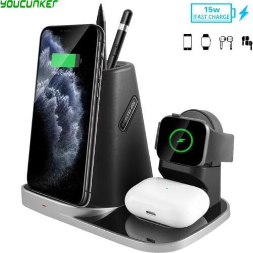 15W 4 IN 1 QI Wireless Charger Stand Fast Charging Dock With Pencil Holder For AirPods 1 2 Pro i-Watch 1 2 3 4 5 Mobile Phone