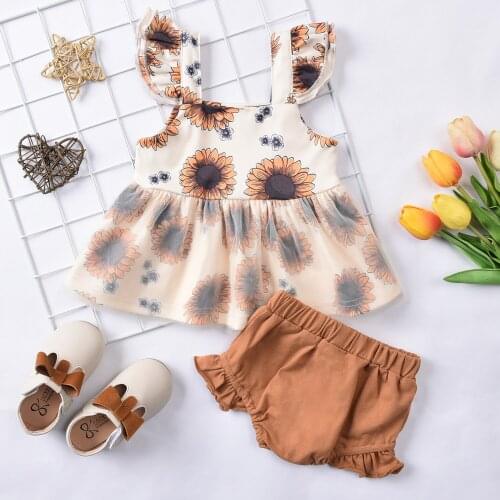 Pudcoco 0-12 Months Kids Girls Mesh Dress and Shorts Suit, Fly Sleeve Sunflower Printed Vest, Party Street Summer 2-Piece Set