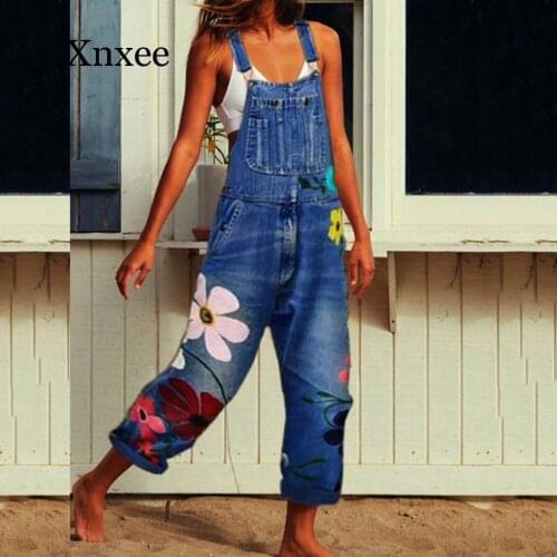 Long vintage Denim Rompers Bib pants flower printed Denim Jumpsuits bib jeans for ladies Sexy Long Rompers Bib Pants Jumpsuit