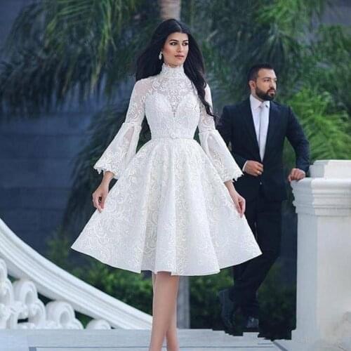 Hot Sale 2021 Arabic Ivory Knee Length Prom Party Dresses A Line Long Sleeves High Neck Wedding Guest Gowns Lace Short Appliqued