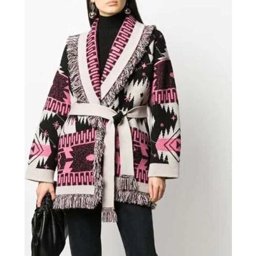 Cosmic Pattern Fringed Edge Cardigan Cashmere Winter Warm Women Sweaters Pastchwork Lad Gothic Belt Tied Winter Clothes Women