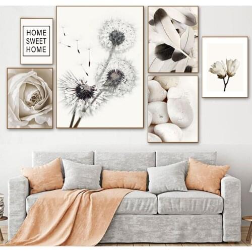 Flower Pictures For Bedroom Home Decor No Frame Canvas Painting Wall Art Nordic Poster Black White Dandelion Feather Rose