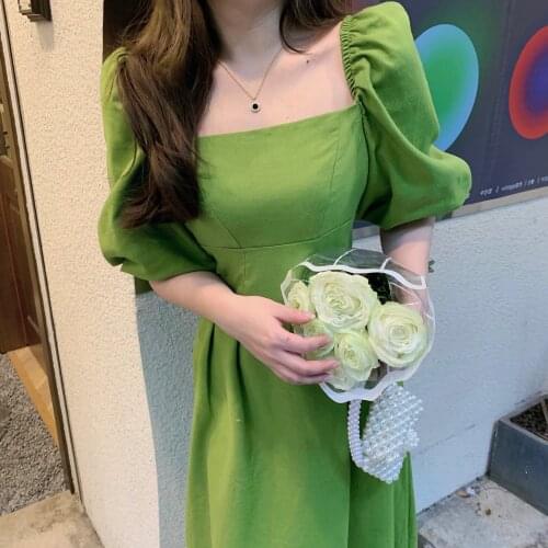 2021 Summer New Square Collar Green Casual Dress Robe Femme Plus Size M-4xl Slim Womens Dresses Slim Elegantes