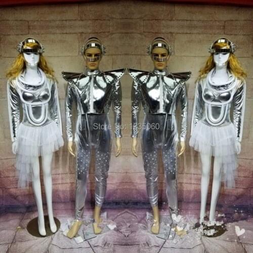 Fashion Space Show Future Warrior Silver Party Clothes Catwalk Model Show Nightclub Bar Dance Team Event Suit Costume Headwear