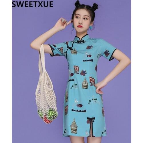 SWEETXUE Fashion Cheongsam Young Girl Modern Chinese Style Dress Cartoon Print Summer Comfortable Dress