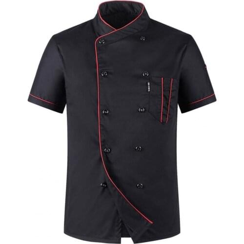 Men Loose Short Sleeve Stand Collar Double-breasted T-shirt Chef Waiter Uniform Chef Restaurant Uniform Cooking Shirt