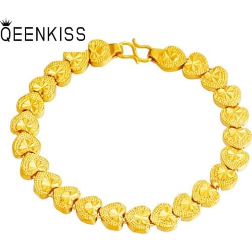 QEENKISS BT5190 Fine Jewelry Wholesale Fashion Hot Woman Girl Bride Birthday Wedding Gift Vintage Heart 24KT Gold Chain Bracelet