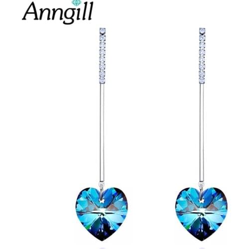 Blue XILION Heart Crystals from Swarovski Long Drop Earrings For Women Hanging Piercing Silver color Jewelry Best Friends Gift