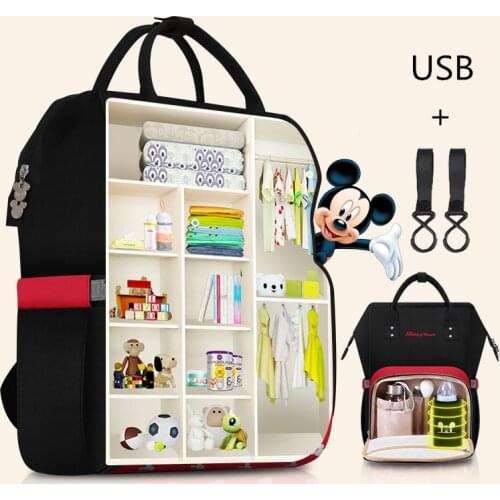 Disney Mickey Minnie Diaper Bag Large Capacity USB Heating Backpack Waterproof Outdoor Travel Bags Mummy Handbag