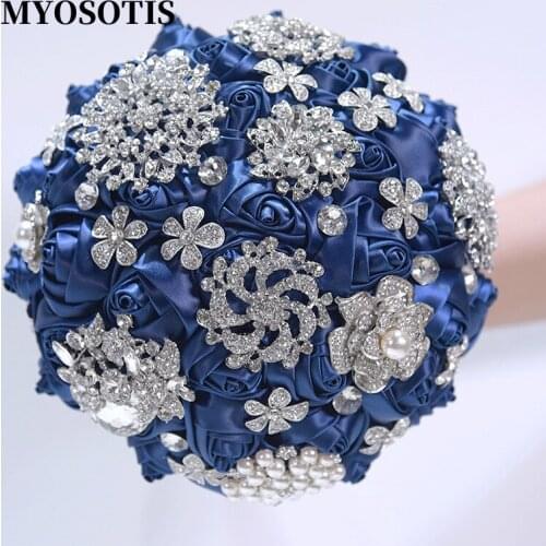 European Crystal Wedding Bouquet Navy Blue Satin Roses Flower with Diamand Bouquets Wedding Party Evening Flower Decoration