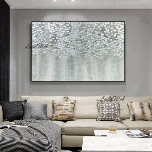 Light Color Abstract Trees Painting With Silver Leaves Modern Handmade Beautiful Painting For Restaurant Unframed Canvas Art