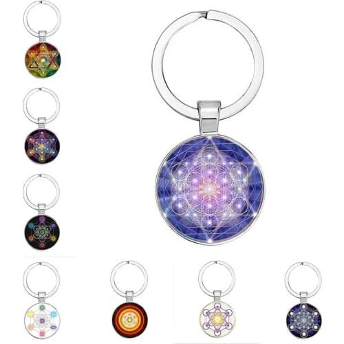 Mysterious Metatron Cubic Keychain Sacred Geometric Shape Flower of Life Glass Pendant Magic Six Trigrams Keychain Unisex