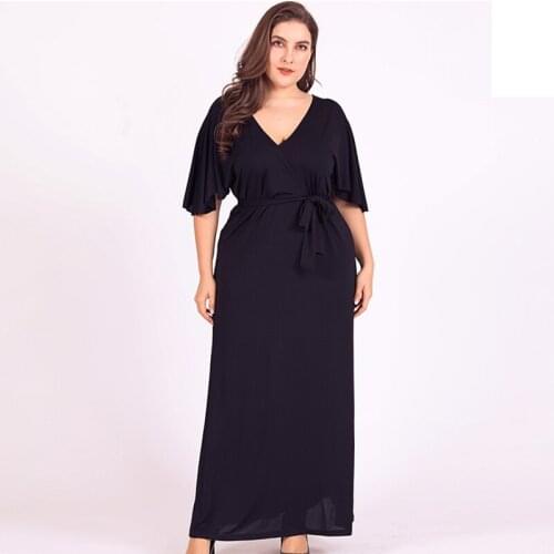 Evening Dress Simple Black Fashion Deep V-Neck Empire Pleat Half Sleeves Floor-Length A-Line Plus Size Women Formal Gowns D902