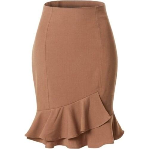 Fashion Solid Color Women Skirts High Waist Slim Ruffled Skirt Female Spring Summer Vintage Split Stretchy Skirts For Femme
