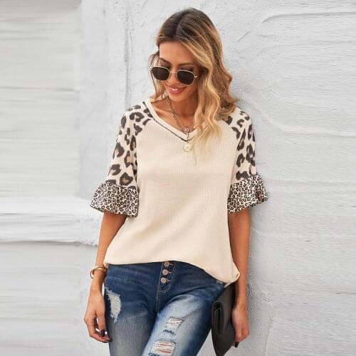 Ladies' Blouse Color Block Tops Casual Loose Blouses 2021 Summer Leopard Print Stitching V-Neck Half Sleeve Blouses And Top