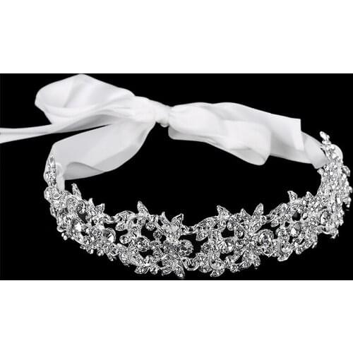 Handmade Crystal Flowers Ribbon Bridal Headband Chic Head Pieces Wedding Hair Accessories Elegant Rhinestone Women Tiara Crown
